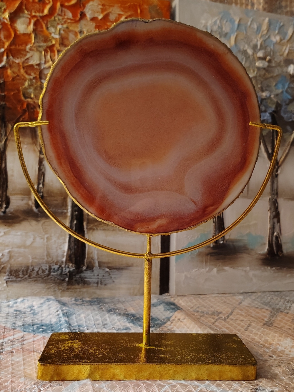 Gold-Frame Brown Agate Slice Sculpture by
